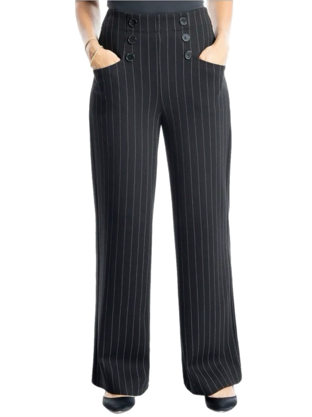 Max Studio Pinstripe Double Knit Sailor Pants High-Waist Wide-Leg Black White XL